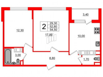 Двухкомнатная квартира 52.4 м²